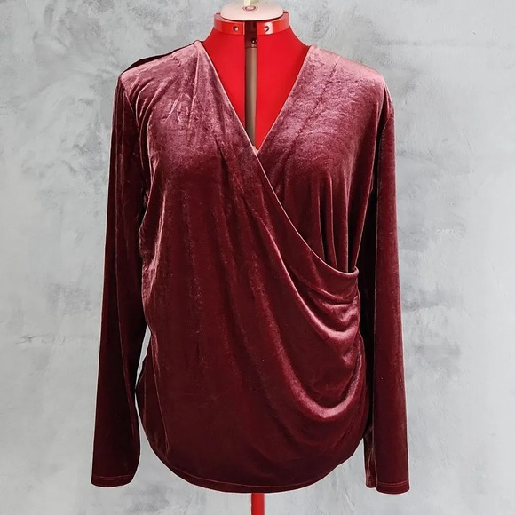 Talbots Tops - Talbots Velvet Wrap Top XL Burgundy Long Sleeve Stretch Blouse Elegant Holiday